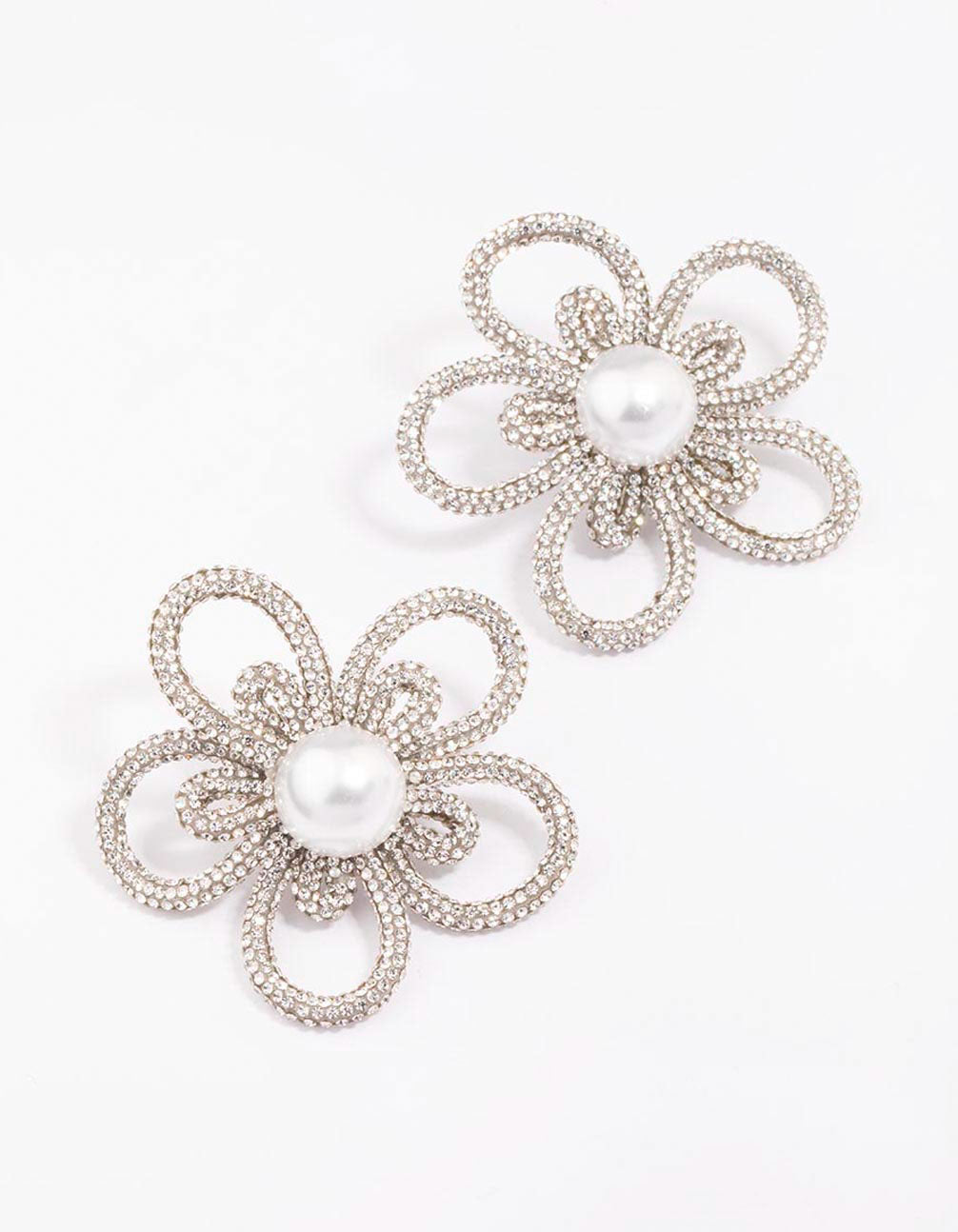 & Pearl Flower Statement Stud Earrings