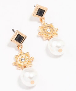 Diamond Square Pearl Earrings