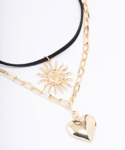 Heart Sun Cord Layered Necklace