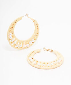 Cream Woven Raffia Fabric Hoop Earrings