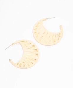 Cream Woven Raffia Crescent Hoop Earrings