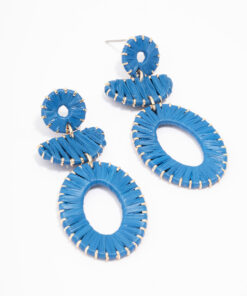 Blue Fabric Wrapped Oval Earrings
