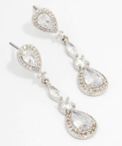 Rhodium Cubic Zirconia Pear Halo Drop Earrings