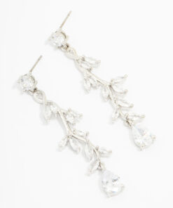 Rhodium Cubic Zirconia Vine Leaf Drop Earrings