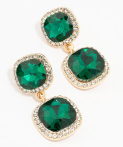 Double Square Emerald Halo Drop Earrings