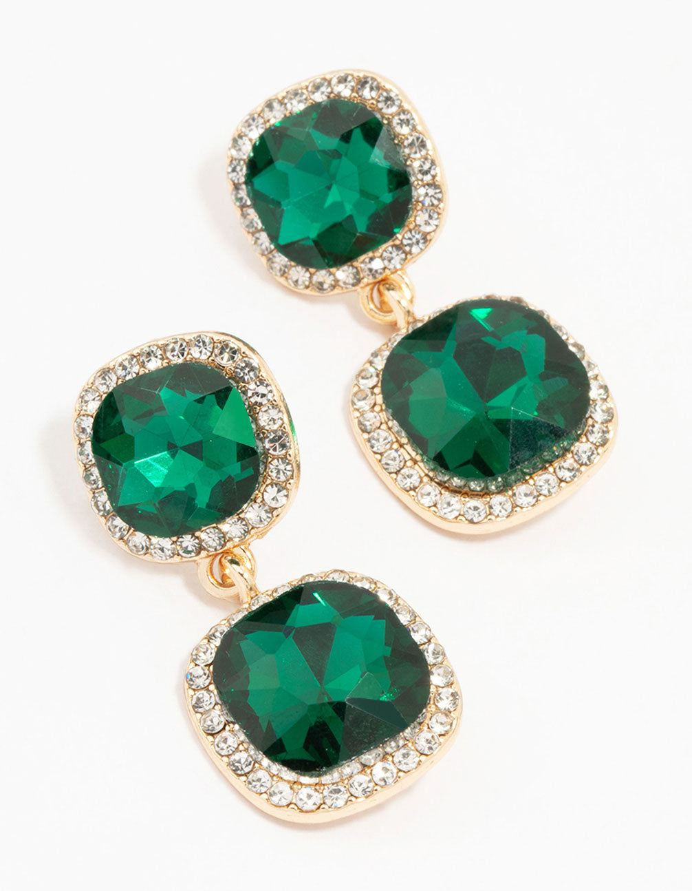 Double Square Emerald Halo Drop Earrings