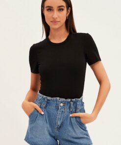 Blue Paperbag Denim Shorts High Rise