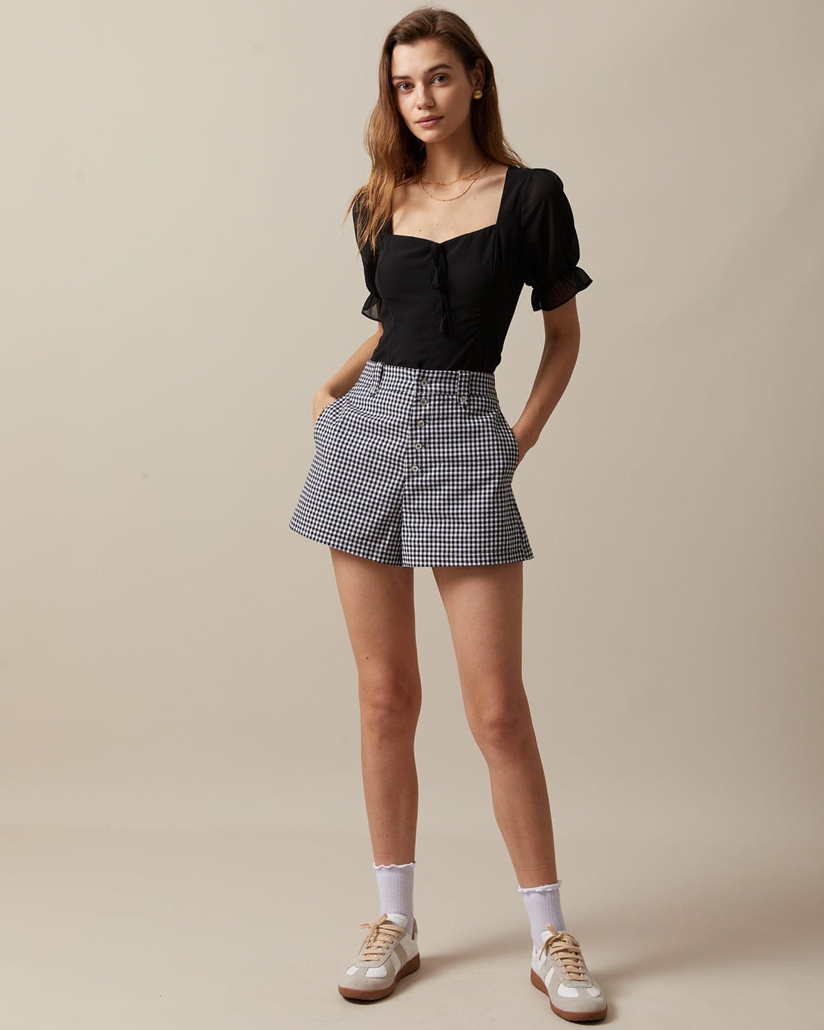 The Black High Waisted Button Up Plaid Shorts - Image 3
