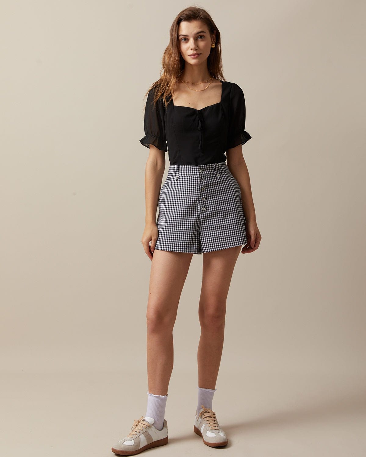 The Black High Waisted Button Up Plaid Shorts - Image 2