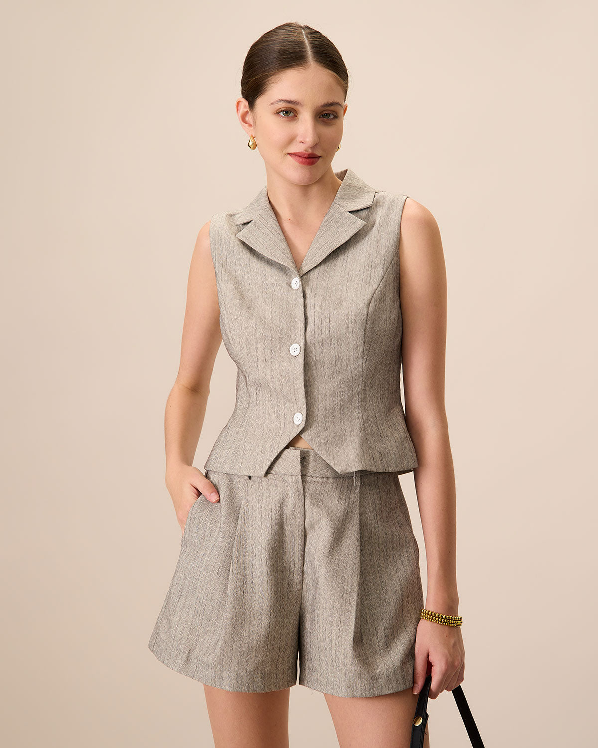 Women's Grey Lapel Pleated Pocket Shorts - Image 2
