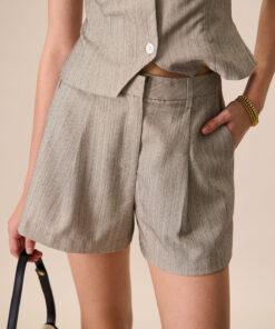 Women's Grey Lapel Pleated Pocket Shorts