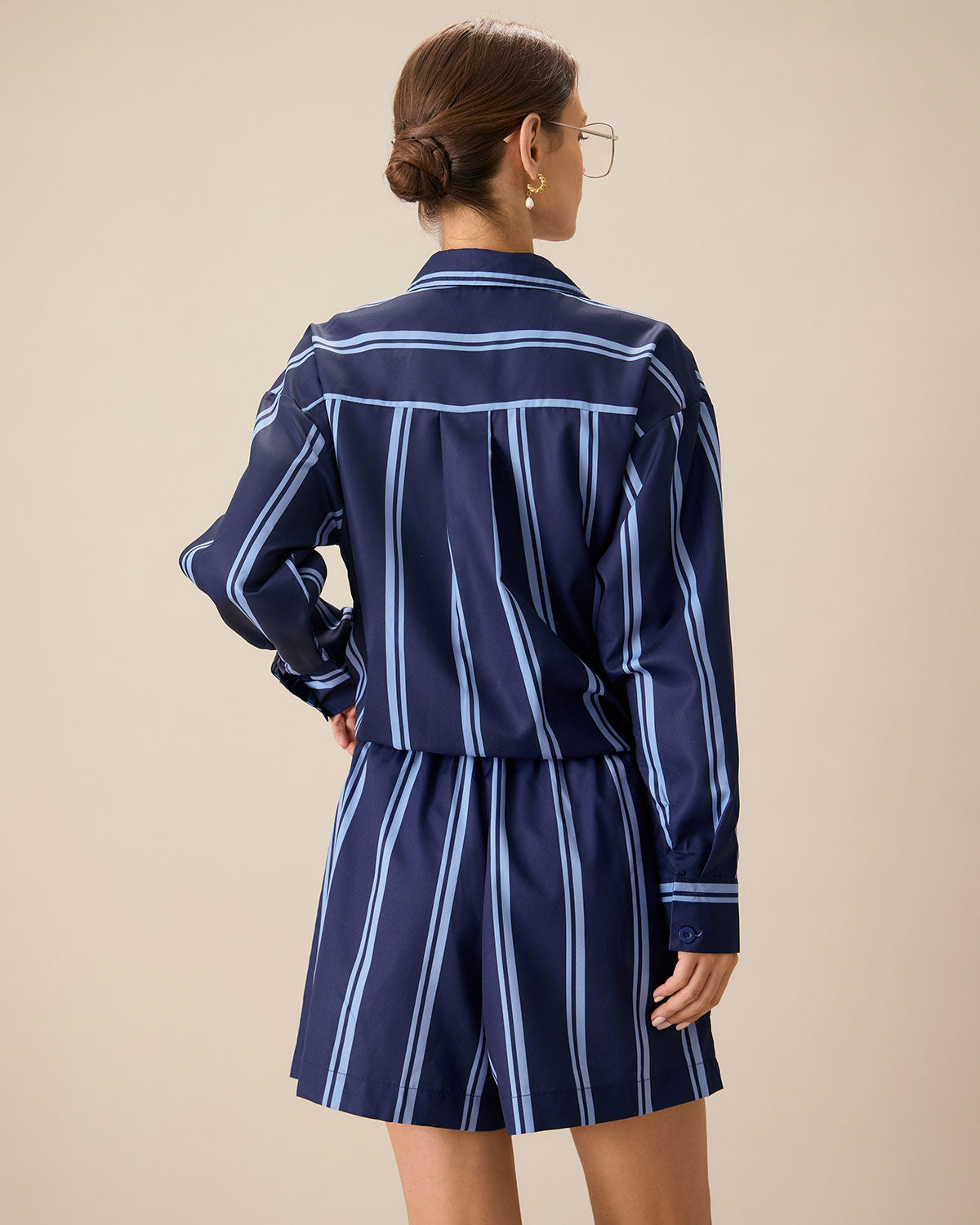 Women's Navy Striped Elastic Waist Shorts - Image 4