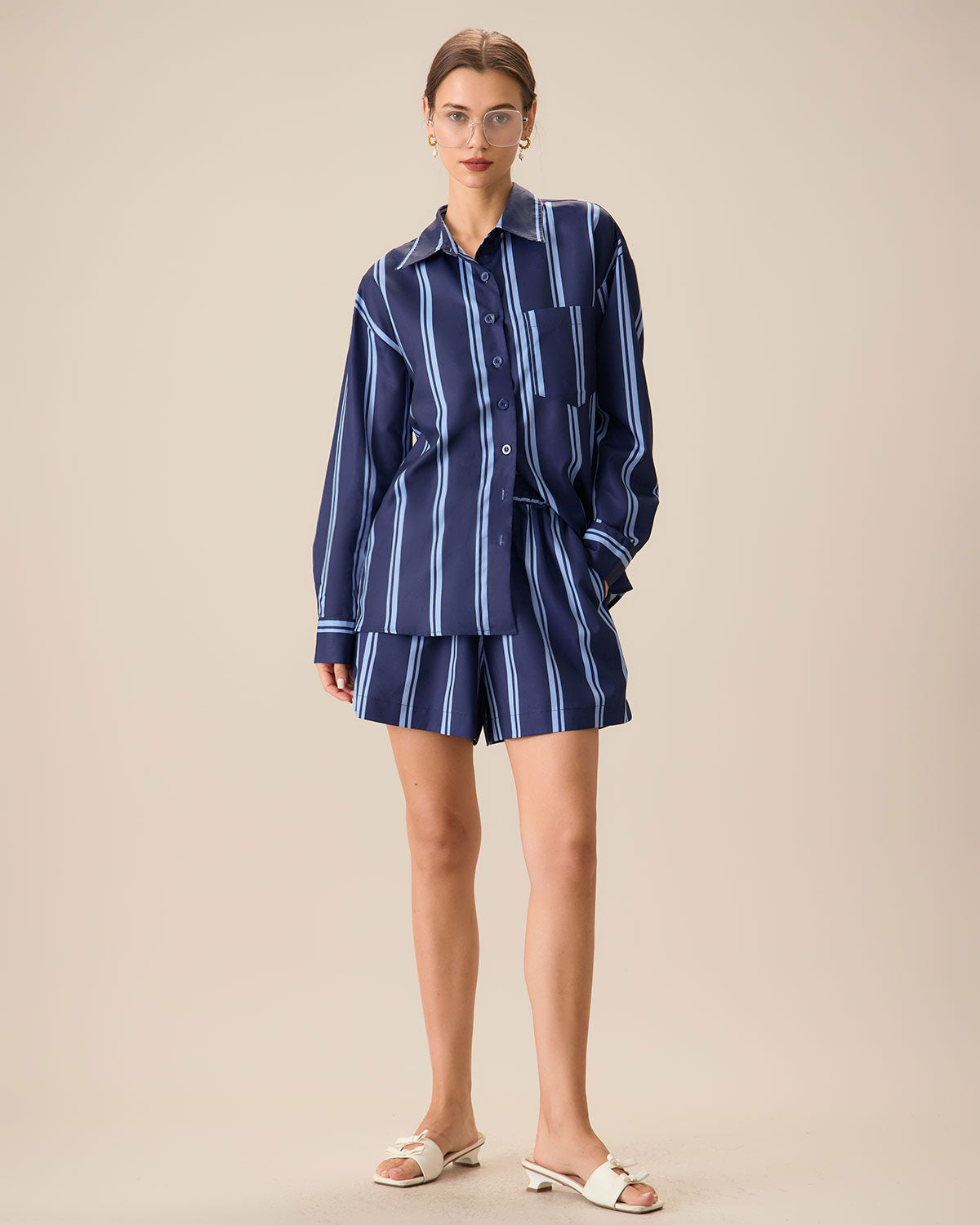 Women's Navy Striped Elastic Waist Shorts - Image 3